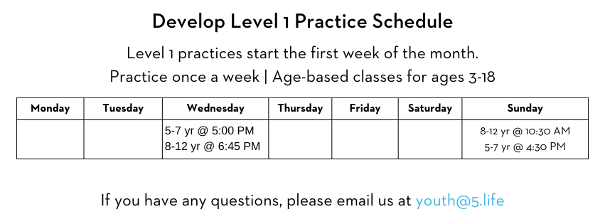 Level 1 Practice schedule