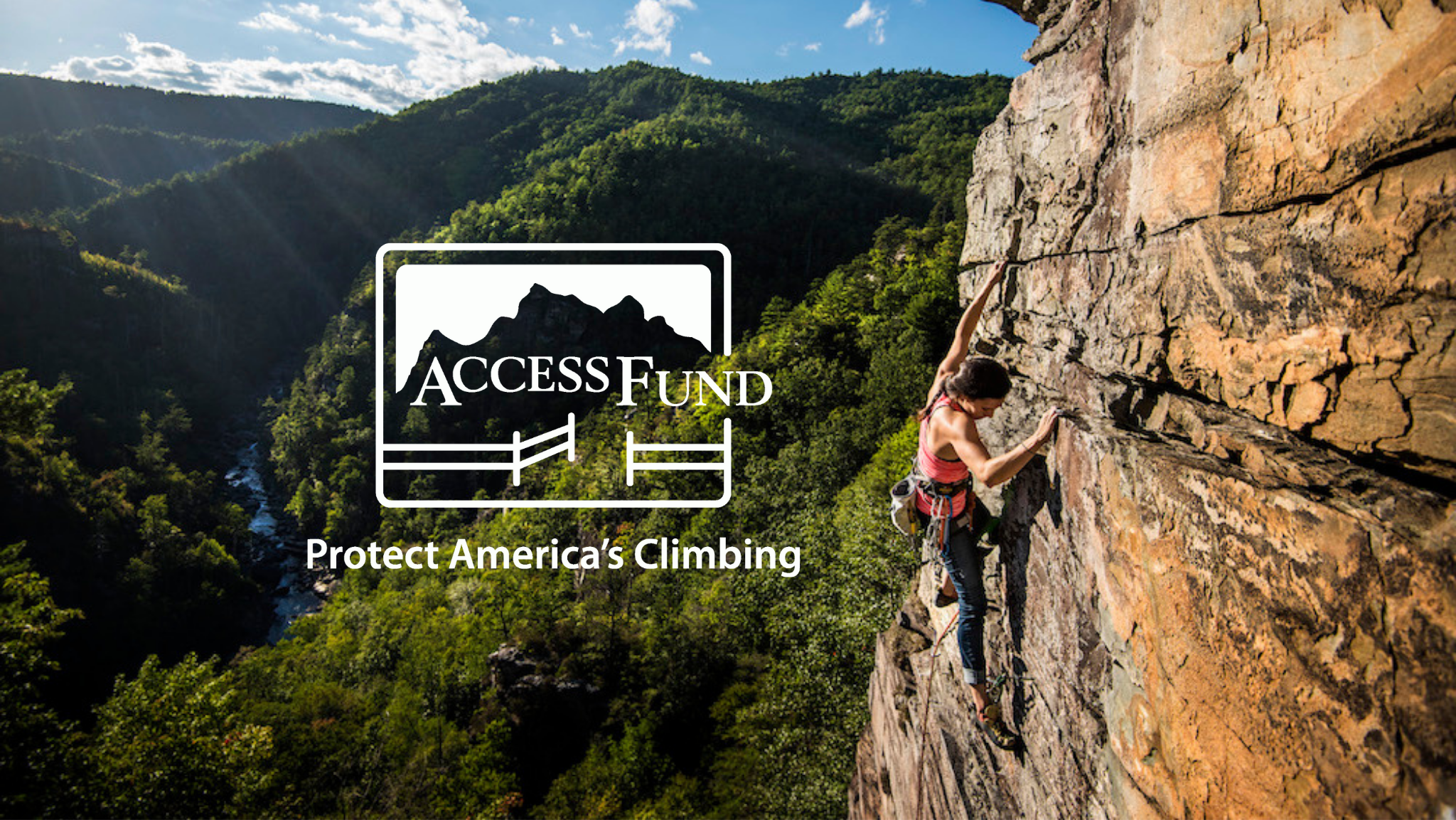 photo of woman climbing with access fund logo